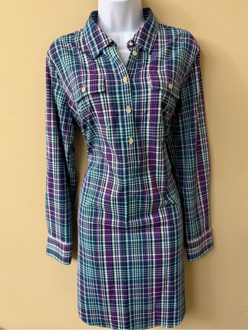 Peter Millar Women’s Tartan Plaid Purple Shirt Dress, Size L Excellent Condition